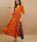 Orange bandhani print mirror work rayon a-line kurta