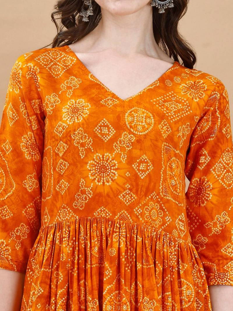 Orange bandhani print mirror work rayon a-line kurta