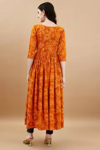 Orange bandhani print mirror work rayon a-line kurta