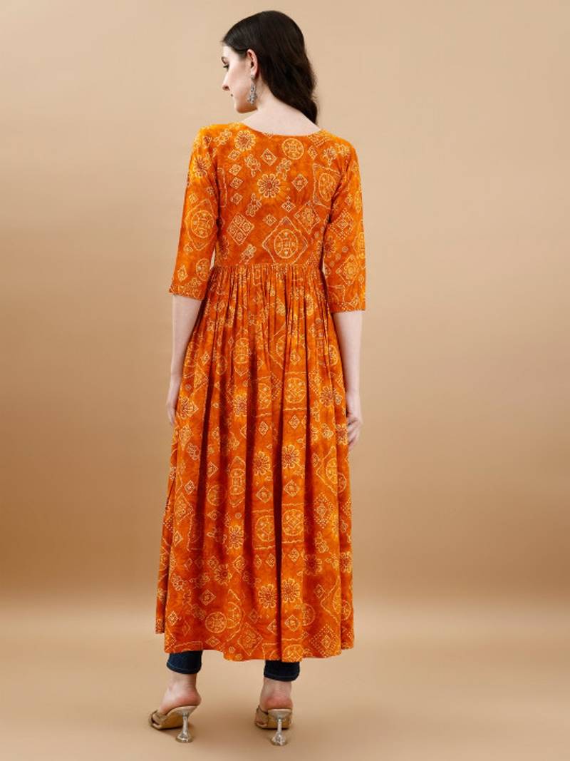 Orange bandhani print mirror work rayon a-line kurta