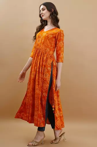 Orange bandhani print mirror work rayon a-line kurta