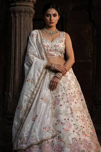 WHITE SILK PARTY WEAR EMBROIDERY LEHENGA CHOLI