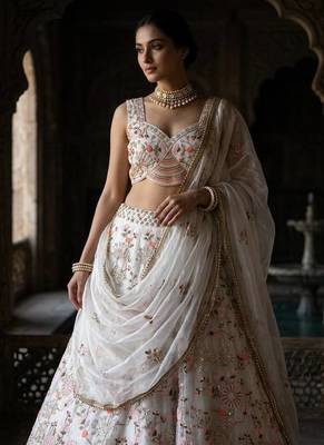 WHITE SILK PARTY WEAR EMBROIDERY LEHENGA CHOLI 2
