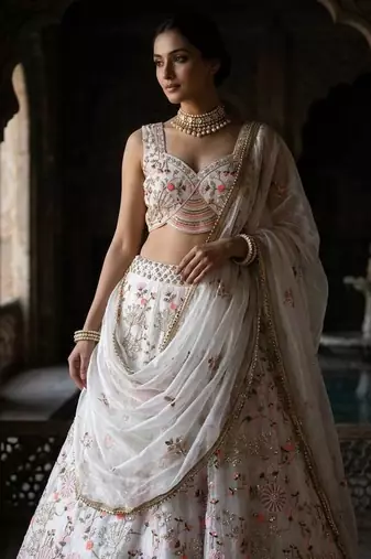WHITE SILK PARTY WEAR EMBROIDERY LEHENGA CHOLI