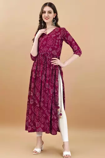 Wine bandhani print mirror work rayon a-line kurta