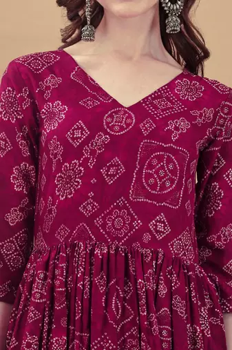Wine bandhani print mirror work rayon a-line kurta