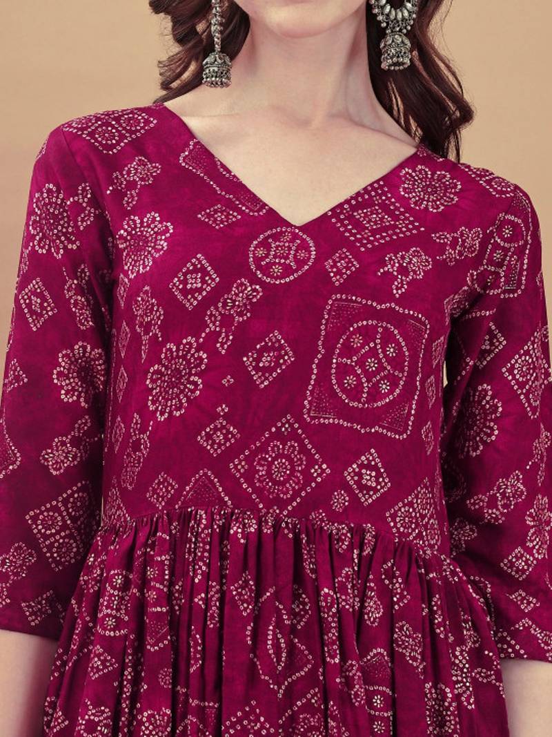 Wine bandhani print mirror work rayon a-line kurta