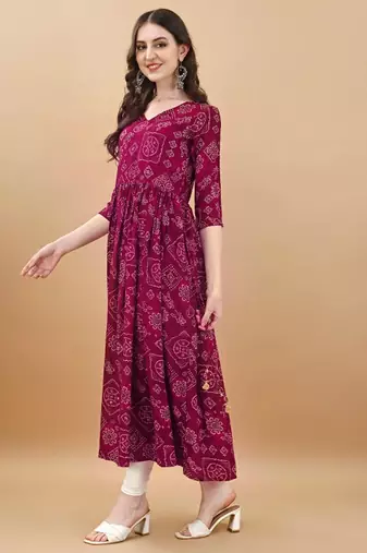 Wine bandhani print mirror work rayon a-line kurta