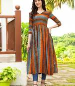 Blue geometric printed rayon a-line pleated kurta