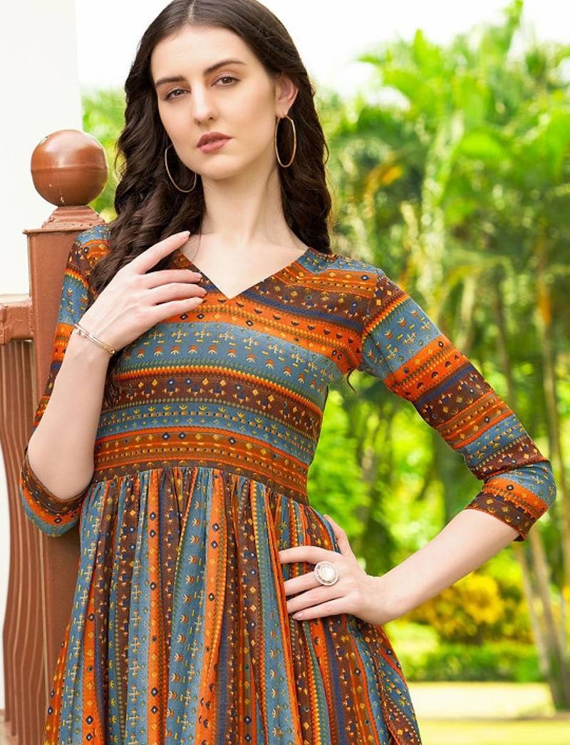 Blue geometric printed rayon a-line pleated kurta