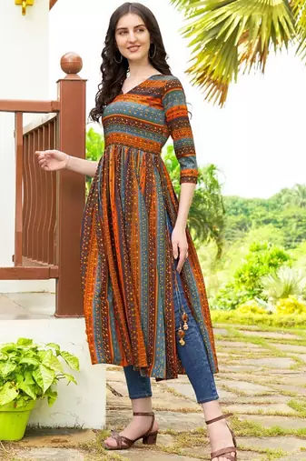 Blue geometric printed rayon a-line pleated kurta