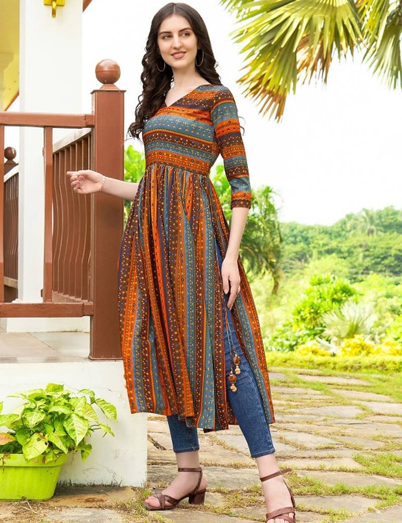 Blue geometric printed rayon a-line pleated kurta