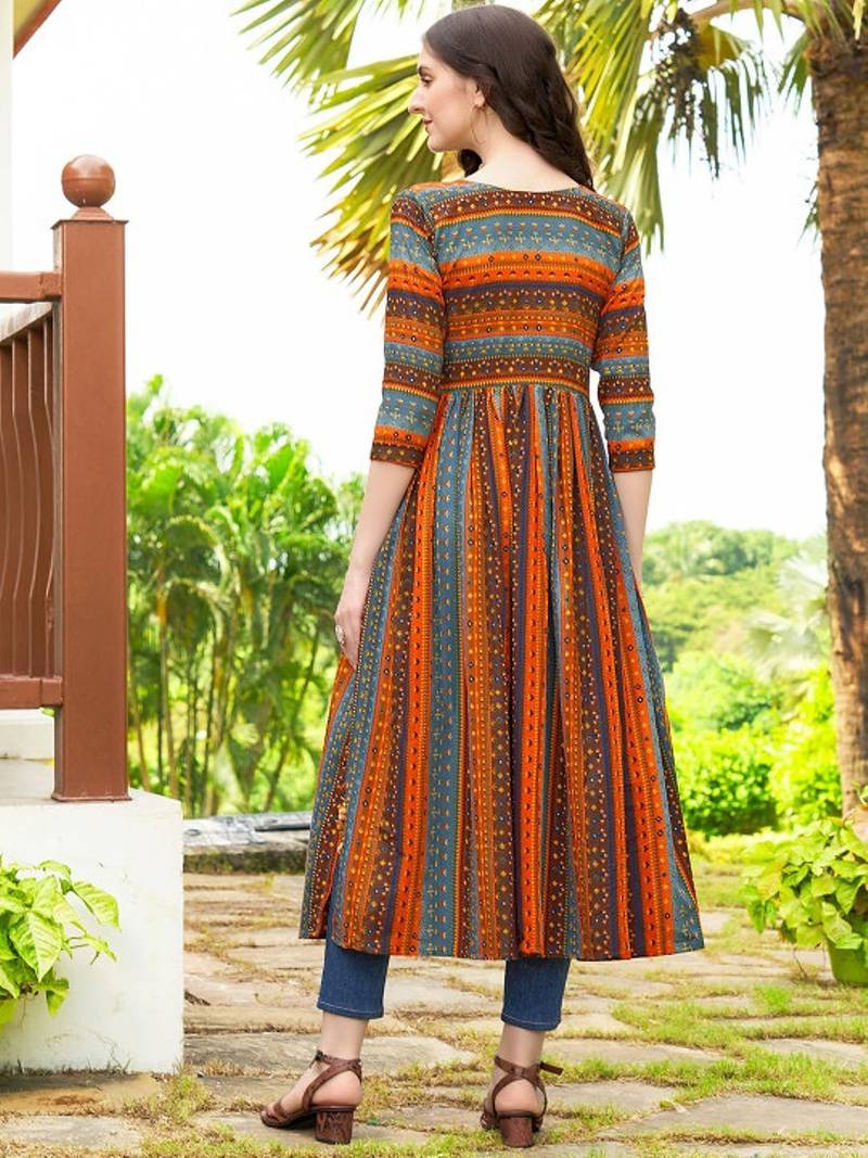 Blue geometric printed rayon a-line pleated kurta