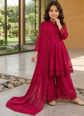 Girls ranipink roman silk pleated anarkali kurta with palazzo & dupatta set 1