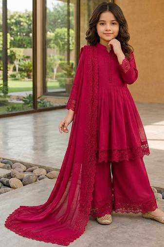 Girls ranipink roman silk pleated anarkali kurta with palazzo & dupatta set