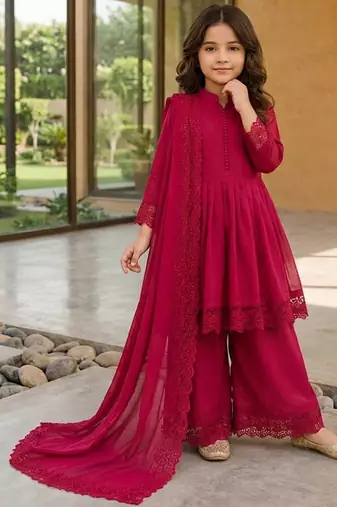 Girls ranipink roman silk pleated anarkali kurta with palazzo & dupatta set