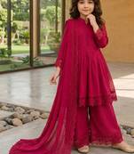 Girls ranipink roman silk pleated anarkali kurta with palazzo & dupatta set