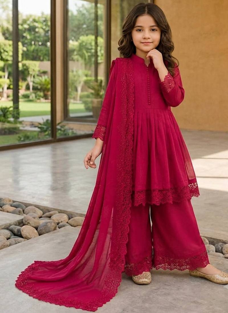 Girls ranipink roman silk pleated anarkali kurta with palazzo & dupatta set