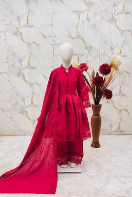 Girls ranipink roman silk pleated anarkali kurta with palazzo & dupatta set 2