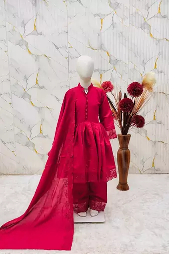 Girls ranipink roman silk pleated anarkali kurta with palazzo & dupatta set