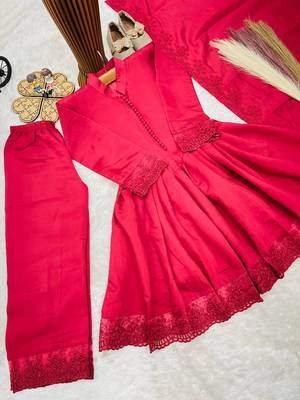 Girls ranipink roman silk pleated anarkali kurta with palazzo & dupatta set 3