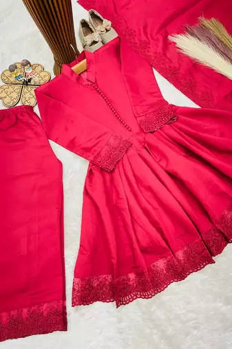 Girls ranipink roman silk pleated anarkali kurta with palazzo & dupatta set