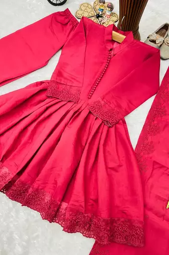 Girls ranipink roman silk pleated anarkali kurta with palazzo & dupatta set