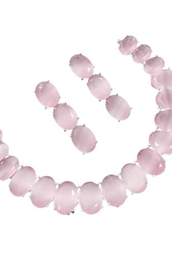 Baby pink ad stone rhodium-plated necklace set with earrings