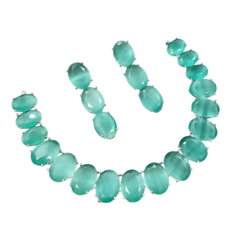 Pista green ad stone rhodium-plated necklace set with earrings