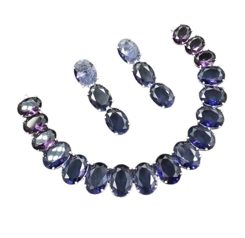 Purple ad stone rhodium-plated necklace set with earrings