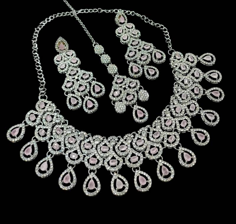 Baby pink rhodium-plated agate stone necklace set with earrings & maang tikka