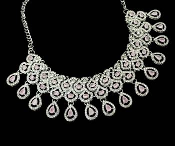 Baby pink rhodium-plated agate stone necklace set with earrings & maang tikka 2