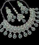 Pista rhodium-plated agate stone necklace set with earrings & maang tikka