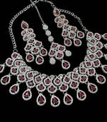 Maroon rhodium-plated agate stone necklace set with earrings & maang tikka
