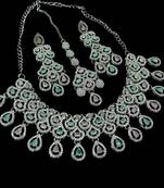 Pink & pista rhodium-plated agate stone necklace set with earrings & maang tikka