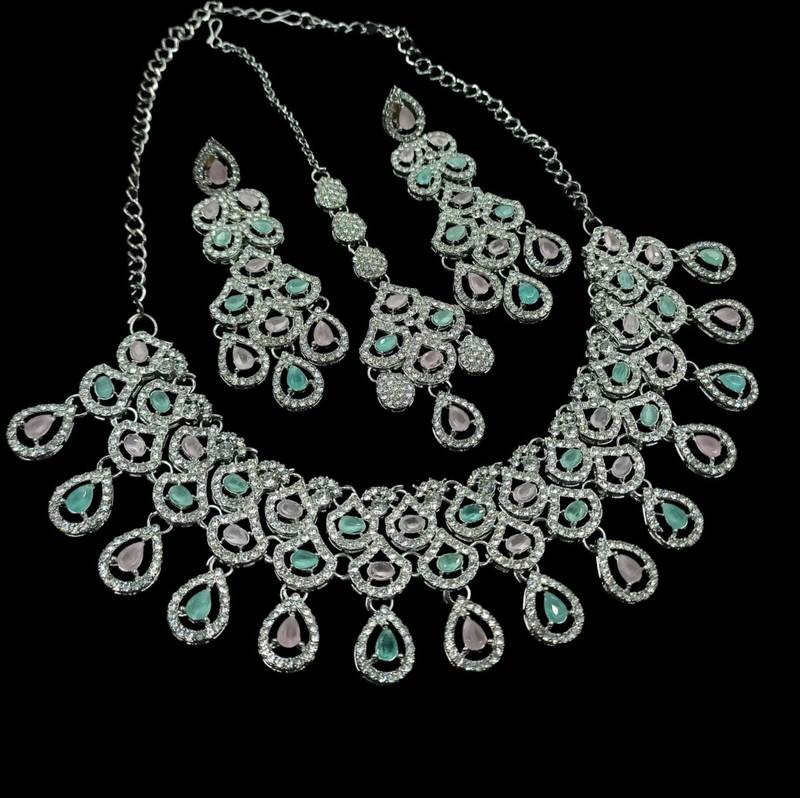 Pink & pista rhodium-plated agate stone necklace set with earrings & maang tikka