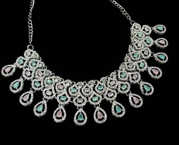Pink & pista rhodium-plated agate stone necklace set with earrings & maang tikka 2