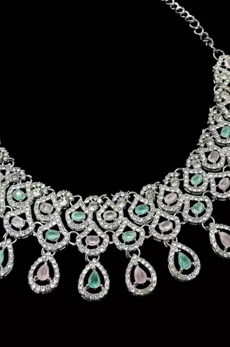 Pink & pista rhodium-plated agate stone necklace set with earrings & maang tikka