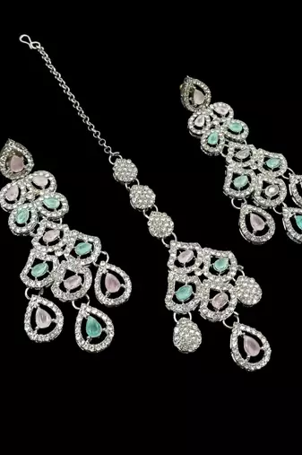 Pink & pista rhodium-plated agate stone necklace set with earrings & maang tikka