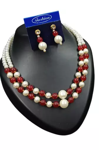 Maroon color necklace set with earrings, moti & agate stone, gold plated