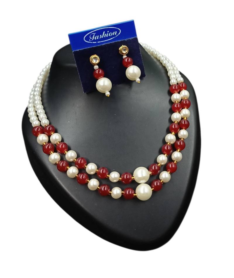 Maroon color necklace set with earrings, moti & agate stone, gold plated