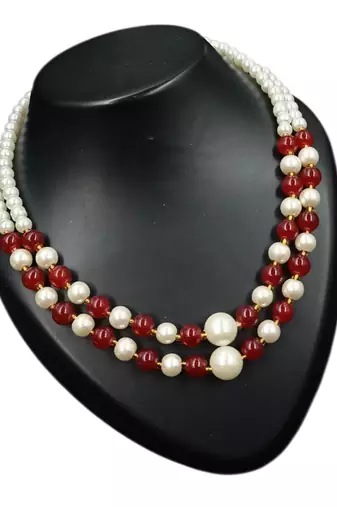 Maroon color necklace set with earrings, moti & agate stone, gold plated