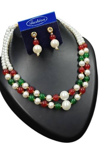 Maroon & green color necklace set with earrings, moti & agate stone, gold plated