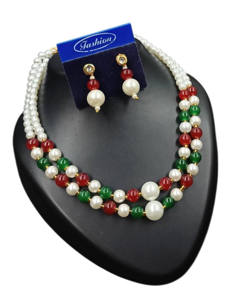 Maroon & green color necklace set with earrings, moti & agate stone, gold plated