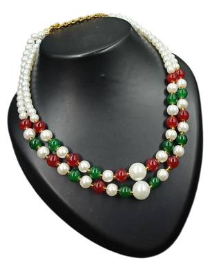 Maroon & green color necklace set with earrings, moti & agate stone, gold plated 2