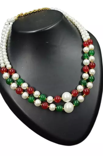 Maroon & green color necklace set with earrings, moti & agate stone, gold plated