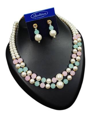 Pink & pista color necklace set with earrings, moti & agate stone, gold plated 1