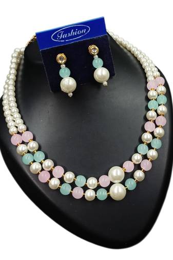 Pink & pista color necklace set with earrings, moti & agate stone, gold plated