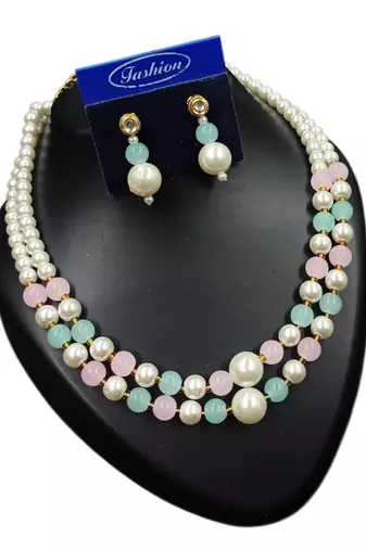 Pink & pista color necklace set with earrings, moti & agate stone, gold plated