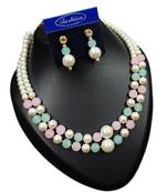 Pink & pista color necklace set with earrings, moti & agate stone, gold plated